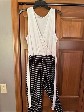 Sleeveless White & Black Striped Wrap Jumpsuit
